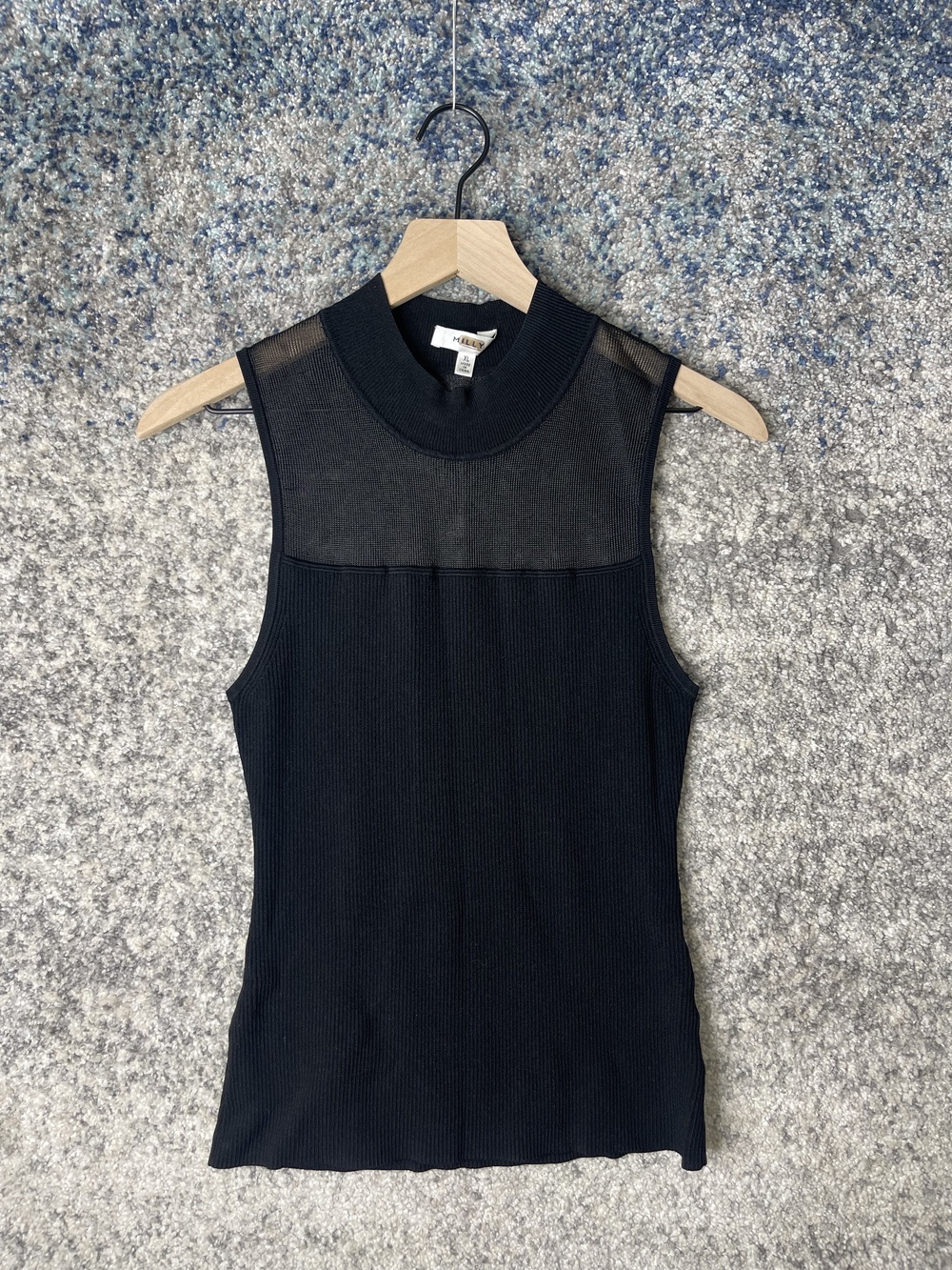 Milly Sleeveless Knit Top Womens XL Black Sheer Panel Mock Neck Fitted Ribbed